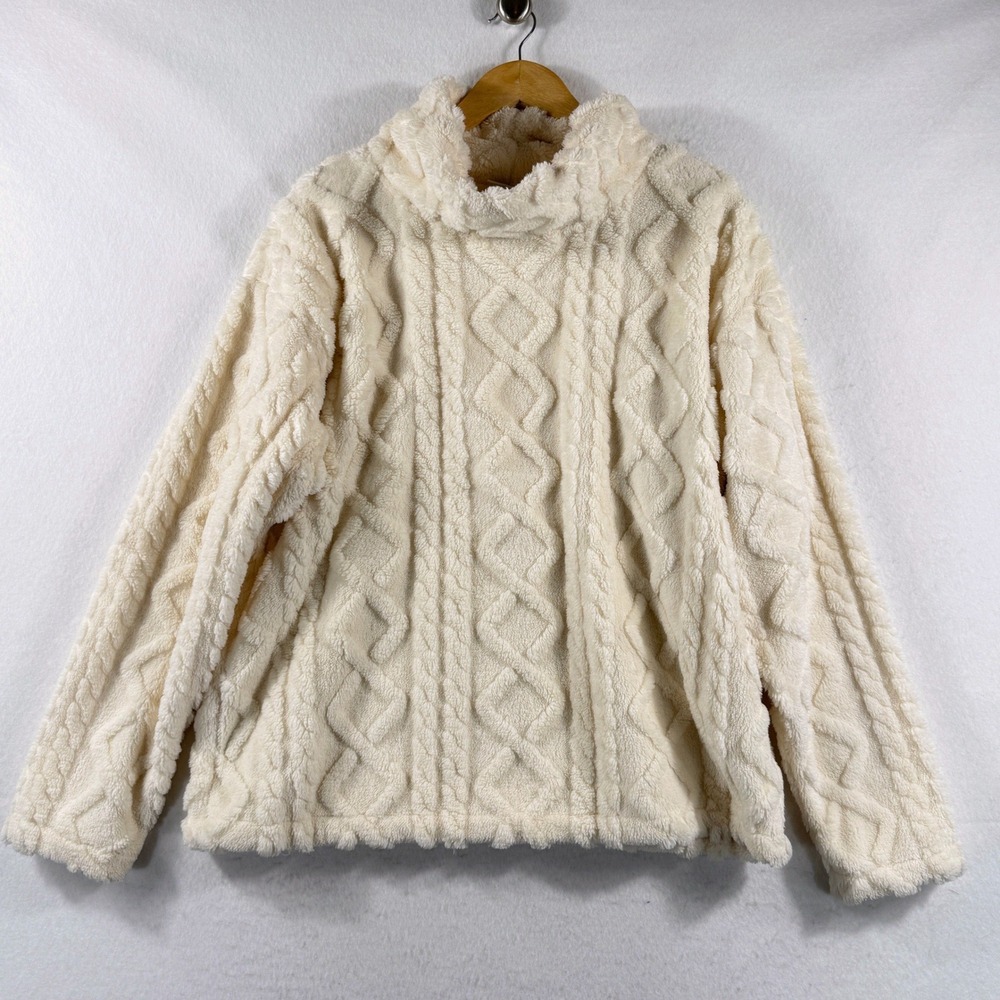 Eddie Bauer‎ Cable Fleece Pullover Womens XL Cream Mock Neck Gorpcore Cabin Cozy